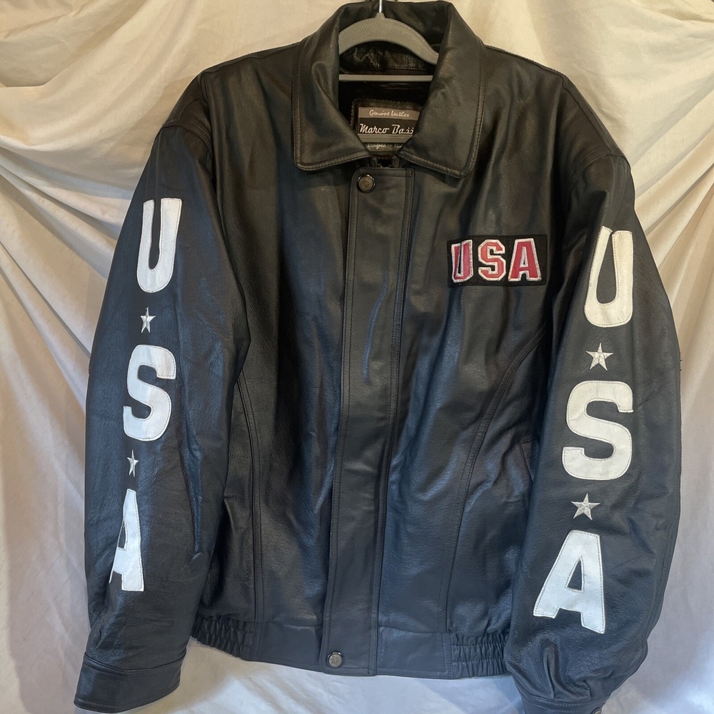 Vtg Bassi Leather Motorcycle Jacket USA Flag American Eagle Harley Men's Size XL